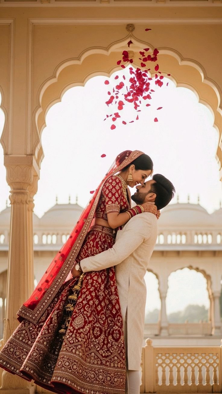 Bride and groom together beneath a palace arch as rose petals fall